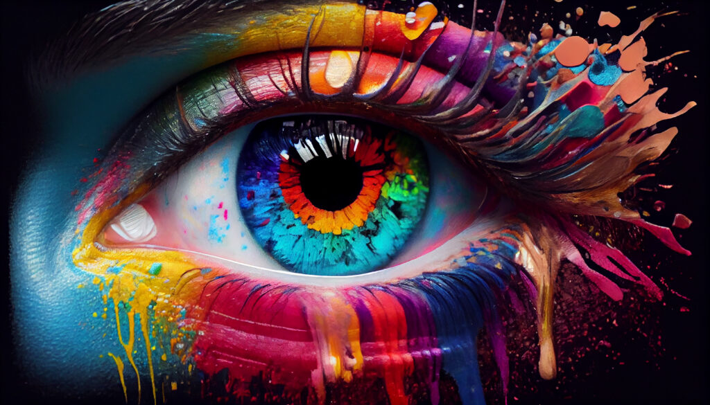 Multi colored creativity in close up human eye generated by artificial intelligence
